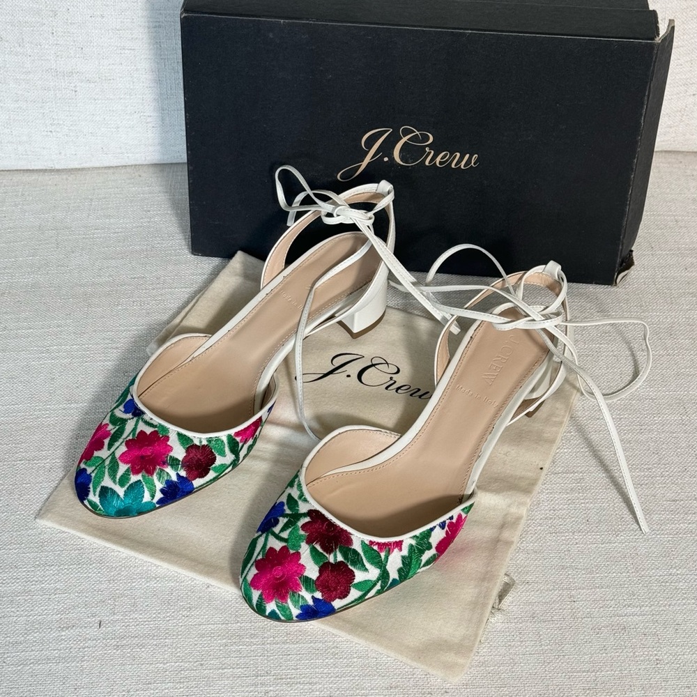 J.crew ankle-wrap slingback block heels‎ w/multicolor embroidery Size 9